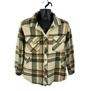 Altar’d State Cole Fleece Shacket Olive Taupe Plaid Size Small Soft Boho EUC
